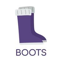Pair of rubber boots. Study word for dictionary. High waterproof shoes for children. Element of clothing and wardrobe. Isolated object. Color image - purple, gray. Flat design. illustration vector