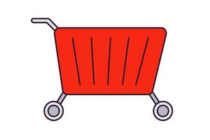 rojo compras carro. de colores icono con describir. envase para bienes en ruedas para un supermercado. comercio, compra, comprador. Al por menor símbolo. aislado objeto. plano estilo. ilustración vector