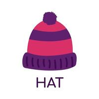 Knitted hat. English Word for Dictionary. Pompom hat. Outerwear item. Learning, teaching language for children. Wardrobe. Isolated object. Flat design. Color image - purple, pink.. illustration vector