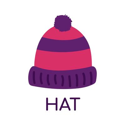 Knitted hat. English Word for Dictionary. Pompom hat. Outerwear item. Learning, teaching language for children. Wardrobe. Isolated object. Flat design. Color image - purple, pink.. illustration