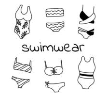 Set outline of Women swimsuits doodle. One-piece, two-piece swimming trunks and bikinis of various types. Linear beachwear with patterns - striped, wavy, tropical leaves. Coloring. illustration vector