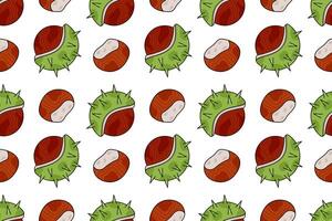 Seamless pattern of fresh chestnuts. Autumn Nut in a prickly shell. Natural Organic Food. Vegan healthy eating. Graphic Print on a white background. Cartoon style. Color image. illustration vector
