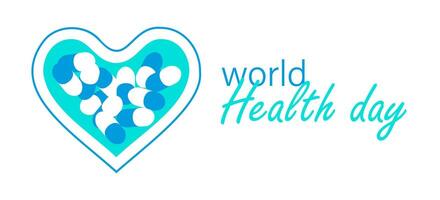 World Health Day. Pills in the heart. Card for a festive event with a box for vitamins and holiday text. Pharmaceuticals, pharmacy. Container. Flat design. Color image. illustration vector