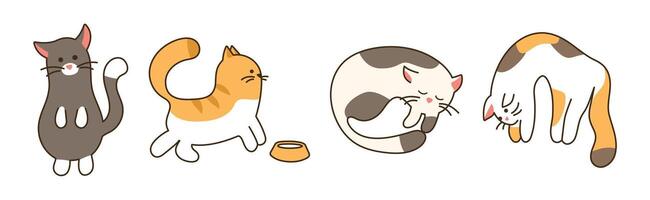 Set of four cute cats. Ginger kitten asks for food. They raised tricolor cat. Spotted animal is sleeping. Black pet is standing. Children style. Color image with outline. illustration vector