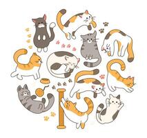 Set of cute domestic Cats different activities. Pets sleep, lie and sit. Plays with a ball, sharpens its claws, asks for food. Footprint, Animal tracks. Kitten characters. Color illustration. vector
