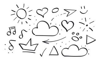 Doodle Set of symbols. Sun, clouds. Heart and crown. Arrows, footprint. Notes. illustration. Hand drawn. Smiling emoticon. Geometric shapes - triangle, circle, check. Music, weather and love. vector
