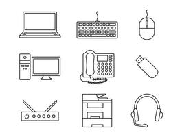 Set of contour icons of technology. Laptop, computer. Collection Office equipment - MFP, telephone, USB flash. Keyboard, mouse and headset. Router and PBX. System blocks, PC. illustration vector