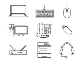 Set of contour icons of technology. Laptop, computer. Collection Office equipment - MFP, telephone, USB flash. Keyboard, mouse and headset. Router and PBX. System blocks, PC. illustration vector