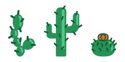 Set of simple types cacti made from geometric shapes. Collection of spiny Mexican desert plants. Green thorns. Cactus flower. Exotic botany. Doodle style. Color image. illustration vector