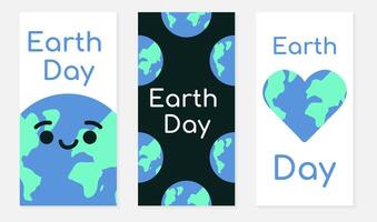 Set of Earth Day banners for social networks. Smiling blue globe, many planets, Earth in form of heart. Holiday. Save nature, ecology. Love and care for environment. Color. illustration vector