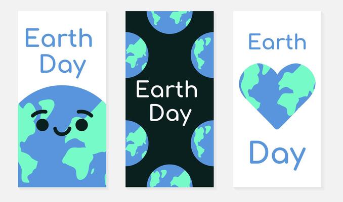 Set of Earth Day banners for social networks. Smiling blue globe, many planets, Earth in form of heart. Holiday. Save nature, ecology. Love and care for environment. Color. illustration