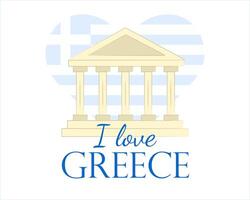 Ancient Greek temple with country flag in shape of heart. English Text I love Greece. Old architecture, tourist attraction. Greek flag. Parthenon Temple. Isolated. illustration. vector