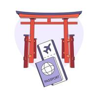 Torii, Passport, Plane ticket. Trip to Japan. Travel to Asia. Eastern religious landmark - Red Gate, entrance to the temple. Flight, Foreign document. Vacation, rest. Color image. illustration vector