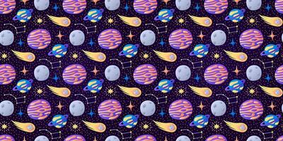 Cosmic childish pattern on dark background. Flying Comet, strange Planets. Moon, stars. Constellation Ursa Major. Space. Seamless Galaxy print. Wrapping for kids. Gradient colors. illustration vector
