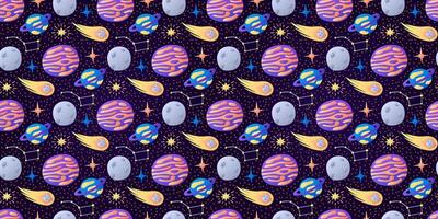 Cosmic childish pattern on dark background. Flying Comet, strange Planets. Moon, stars. Constellation Ursa Major. Space. Seamless Galaxy print. Wrapping for kids. Gradient colors. illustration vector