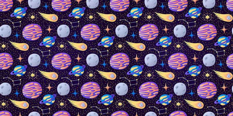 Cosmic childish pattern on dark background. Flying Comet, strange Planets. Moon, stars. Constellation Ursa Major. Space. Seamless Galaxy print. Wrapping for kids. Gradient colors. illustration