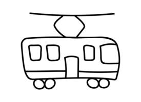 Tram, trolleybus side view Doodle style. Isolated drawn public city transport. Outline art. Black and white contour drawing for children. illustration vector