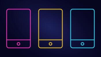 Mobile Phone Neon Icon on dark background. Pink, blue and yellow. Set Luminescent Smartphone. Contour Portable Technology. Glow Linear Touch Screen. Lightening effect. Color image. illustration vector