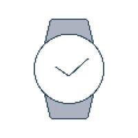 Pixel hand watch in the game. 8-bit clock on a white background. 90s style. Round dial with arrows showing time. Accessory. Retro style. Color outline image. Isolated object. illustration vector