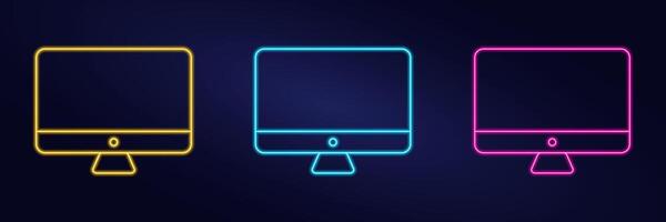 Neon Computer Monitor Icon on dark background - blue, pink and yellow. Luminescent Screen Set. Outline Display. Glow Linear technology. Monoblock. Lightening effect. Color image. illustration vector