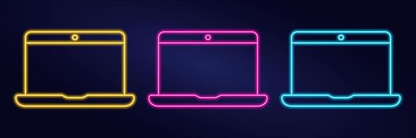 Neon laptop icon on a dark background - pink, blue and yellow. Set Luminescent Computer. Outline Technology with display. Glow Linear Monitor. Lightening effect. Color image. illustration vector