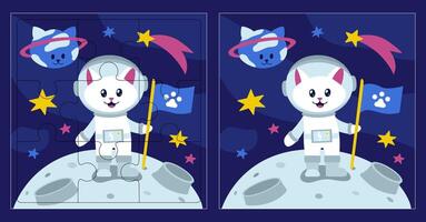 Space puzzle for children. White Cat in Spacesuit holds flag with footprint. Kitty shaped planet. Star galaxy. Conquest of Moon. Riddle for child. Color image. Flat style. illustration vector