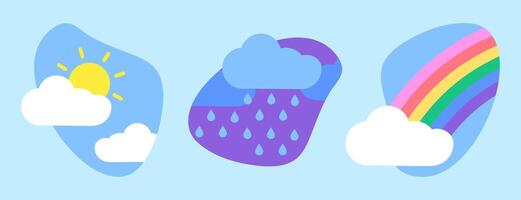 Weather set - sunny, rain and rainbow. Cloudy. Sun, clouds and raindrops. Cloudiness. Climate, meteorology, forecast. Shower. Sky collection. Precipitation. Flat style. Color illustration. vector