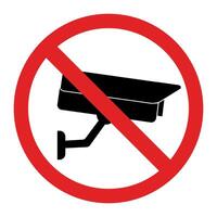 Prohibited sign CCTV camera with crossed out red circle. Filming is prohibited. Sticker, symbol. Safety system. No surveillance. Black silhouette of camera from the side. Isolated. illustration vector