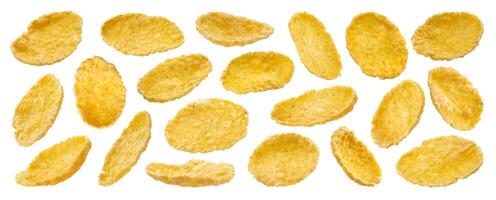 Sweet corn flakes isolated on white background, collection photo