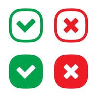 Derecha o incorrecto iconos verde garrapata y rojo cruzar marcas de verificación en circulo plano iconos si o No símbolo, aprobado o rechazado icono para usuario interfaz. vector