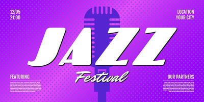 Jazz band music live festival show horizontal banner. Invitation flyer cover design template. Retro microphone on purple background. Musical concert advertising print. Eps vector
