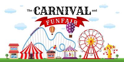 Carnival funfair horizontal banner. Amusement park with circus, carousels, roller coaster, attractions on white backdrop. Festive theme design template. Fun fair festival poster. illustration vector