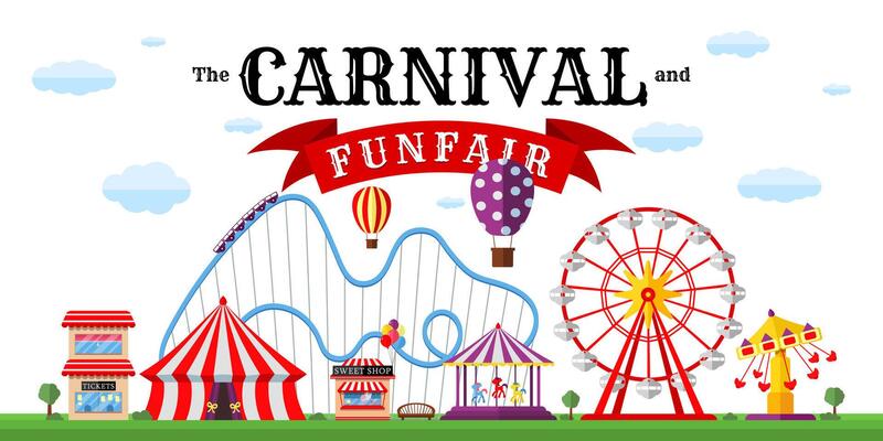 Carnival funfair horizontal banner. Amusement park with circus, carousels, roller coaster, attractions on white backdrop. Festive theme design template. Fun fair festival poster. illustration