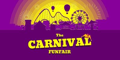 Carnival funfair horizontal banner. Amusement park with circus, carousels, roller coaster, attractions on sunset city backdrop. Fun fair landscape with fireworks. Ferris wheel and merry-go-round fest vector