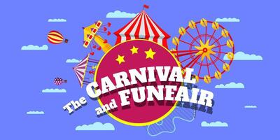 Carnival funfair horizontal banner. Amusement park circus, carousels, ferris wheel and merry-go-round attractions with inscription on blue cloud background. Fun fair festival. eps illustration vector