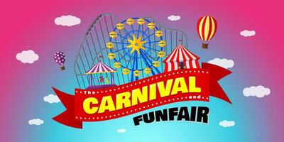 Carnival funfair horizontal banner design template. Amusement park with circus, carousels, roller coaster, attractions on festive ribbon with inscription. Fun fair festival poster. illustration vector
