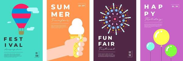 Amusement park festive minimal trendy poster set. Hot air balloon and fireworks on print. Ice cream on carnival funfair minimalistic creative design banner. Fun fair festival simple modern eps placard vector