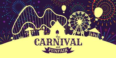 Carnival funfair horizontal banner with firework on night sky. Amusement park with circus, carousels, roller coaster, attractions on fireworks sparkles rays backdrop. Fun fair festival flyer vector