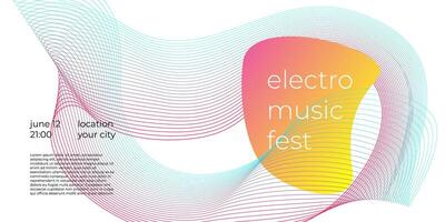 Electronic music festival horizontal banner with colorful abstract linear gradient and liquid outline wave shape. Futuristic electro sound fest flyer design template. Club party digital creative cover vector