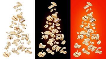 Oat flakes isolated on white, black and red backgrounds photo