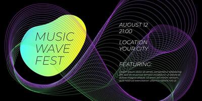Electronic music festival party horizontal banner with colorful abstract linear gradient and liquid wavy shape. Futuristic electro sound fest club flyer design template. DJ advertising cover. Eps vector