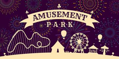 Amusement park poster with firework on night sky. Carnival funfair circus, carousels, roller coaster, attractions on fireworks sparkles rays backdrop. Fun fair festival advertising horizontal banner vector