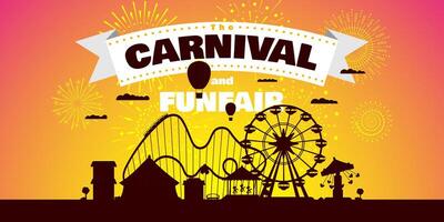 Carnival funfair with fireworks rays. Amusement park carousels, roller coaster and attractions on sunset. Fun fair and festive theme landscape. Ferris wheel and merry-go-round fest horizontal banner vector
