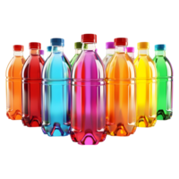 3d representación de un vistoso agua botellas en un fila en transparente antecedentes png