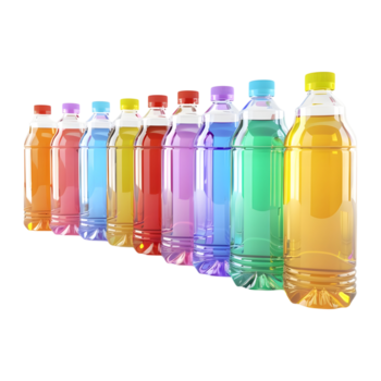 3d interpretazione di un' colorato acqua bottiglie nel un' riga su trasparente sfondo png