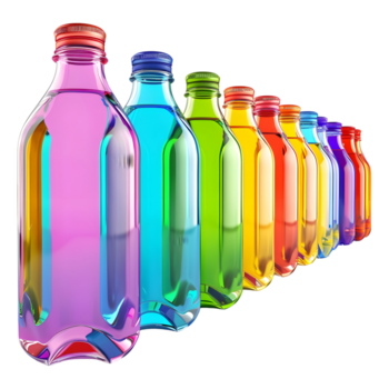 3d interpretazione di un' colorato acqua bottiglie nel un' riga su trasparente sfondo png