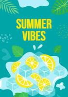 summer poster with mint leaves, citrus fruits and ice cubes, summer vibe flyer vector