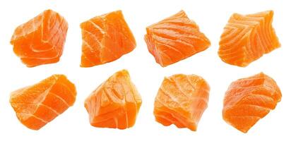 Salmon slices isolated on white background with clipping path, cubes of red fish photo