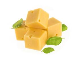 Cubes of cheese isolated on white photo