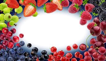 Frame made of different berries isolated on white background photo